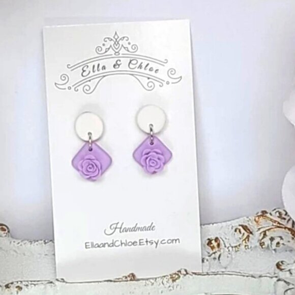 Summer Spring White Purple Colourblock Clay Floral Drop Flower Dangle Earrings - Picture 3 of 5